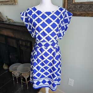 Eliza J Size 8 Blue Trellis Print Pleated Shoulder Belted Dress Pockets 163C